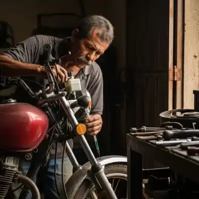 Mantenimiento Preventivo Un mecánico hondureño revisando el nivel del líquido de frenos de una motocicleta.