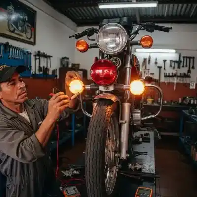 Mantenimiento Preventivo Un técnico inspeccionando las luces delanteras y traseras de una motocicleta en un taller hondureño.