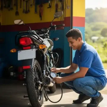 Mantenimiento Preventivo: Un motociclista revisando la presión de la llanta en un taller de Honduras, asegurando un viaje seguro.