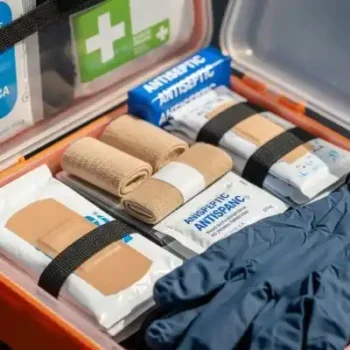 Kit de primeros auxilios portátil abierto, mostrando equipo médico esencial para motociclistas.