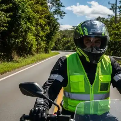 Un motociclista en Honduras usando un chaleco de alta visibilidad, rodando por la carretera.