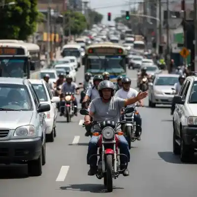 Un motociclista señalizando claramente un giro en el tráfico de una ciudad hondureña.