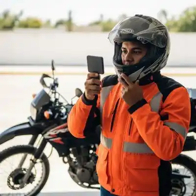 Un motociclista revisa su casco y chaqueta reflectante antes de salir a la carretera.