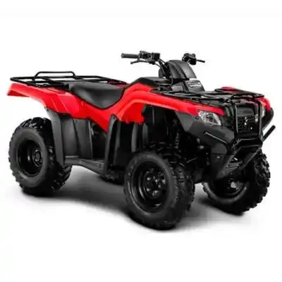 Cuatrimoto utilitaria Honda TRX 420FA roja, vista frontal, mostrando parrillas de carga. Disponible en DIDEMO.